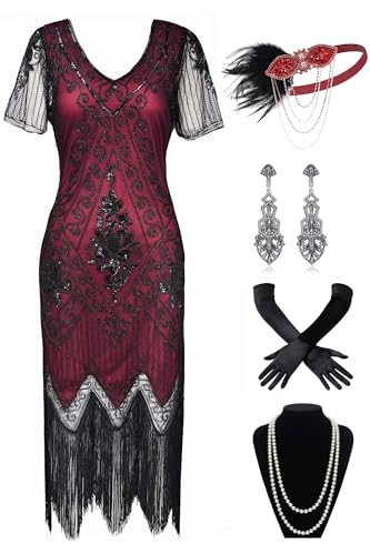 BABEYOND 1920er Jahre Art Deco Fransen Pailletten Kleid Brüllend 20er Jahre Flapper Verkleidung Gatsby Kostüm Kleid, 2er-Set – Rot / Schwarz, Large von BABEYOND