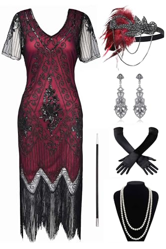 BABEYOND 1920er Jahre Art Deco Fransen Pailletten Kleid Brüllend 20er Jahre Flapper Verkleidung Gatsby Kostüm Kleid, 2er-Set – Rot / Schwarz, Medium von BABEYOND