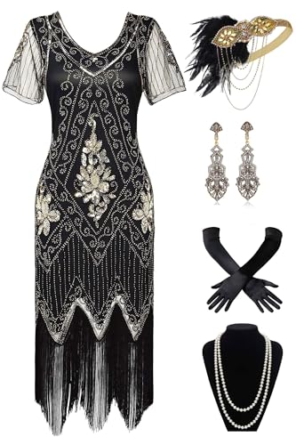 BABEYOND 1920er Jahre Art Deco Fransen Pailletten Kleid Brüllend 20er Jahre Flapper Verkleidung Gatsby Kostüm Kleid, 2er-Set – Schwarzgold, Large von BABEYOND