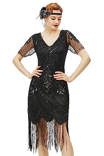 BABEYOND 1920er Jahre Art Deco Fransen Pailletten Kleid Brüllend 20er Jahre Flapper Verkleidung Gatsby Kostüm Kleid, Schwarz, M von BABEYOND