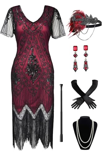 BABEYOND Great Gatsby Kleider-Set für Damen, Cocktailkleid, 1920er-Jahre, Flapper-Kostüm-Set für Damen, Set – Rot / Schwarz, M von BABEYOND