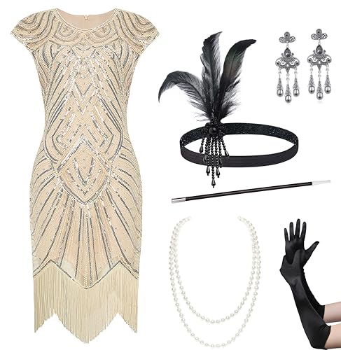 BABEYOND 1920er Jahre Flapper Kleider Set 20er Jahre Great Gatsby Kleid 1920er Jahre Fransen Kleid mit Zubehör Set, Set 2, Beige, S von BABEYOND