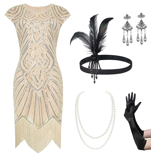 BABEYOND 1920er Jahre Flapper Kleider Set 20er Jahre Great Gatsby Kleid 1920er Jahre Fransen Kleid mit Zubehör Set, Set 2, Beige, XS von BABEYOND