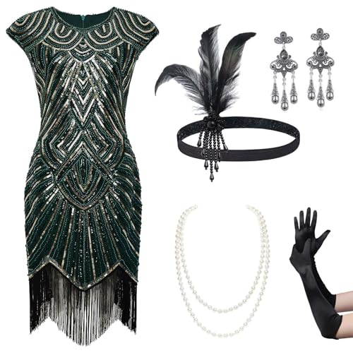 BABEYOND 1920er Jahre Flapper Kleider Set 20er Jahre Great Gatsby Kleid 1920er Jahre Fransen Kleid mit Zubehör Set, Set 2 - Dunkelgrün, 3XL von BABEYOND