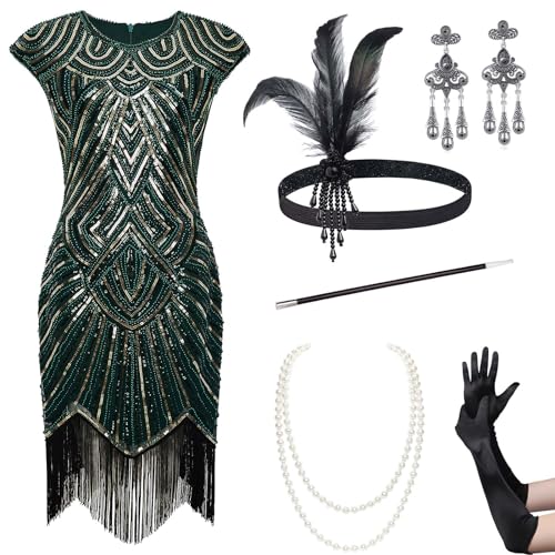 BABEYOND 1920er Jahre Flapper Kleider Set 20er Jahre Great Gatsby Kleid 1920er Jahre Fransen Kleid mit Zubehör Set, Set 2 - Dunkelgrün, 3XL von BABEYOND