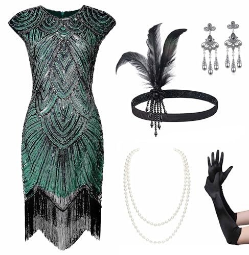BABEYOND 1920er Jahre Flapper Kleider Set 20er Jahre Great Gatsby Kleid 1920er Jahre Fransen Kleid mit Zubehör Set, Set – Grün, S BABEYOND 1920er Jahre Flapper Kleider Set 20er Jahre Great Gatsby Kleid 1920er Jahre Fransen Kleid mit Zubehör Set, Set – Grün, S von BABEYOND
