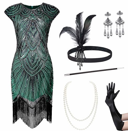 BABEYOND 1920er Jahre Flapper Kleider Set 20er Jahre Great Gatsby Kleid 1920er Jahre Fransen Kleid mit Zubehör Set, Set – Grün, XS von BABEYOND