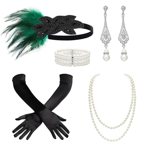 BABEYOND 1920er Jahre Flapper Zubehör Great Gatsby Kostüm Zubehör 20er Jahre Flapper Stirnband Perlenkette Handschuhe Kunststoffhalter, Grün , Einheitsgröße von BABEYOND