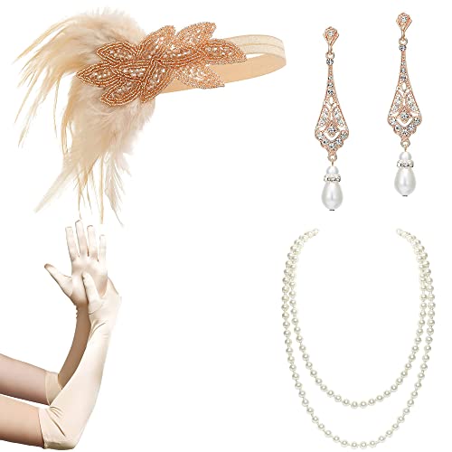 BABEYOND 1920s Accessoires Set Damen Gatsby Kostüm Zubehör Set inklusive Stirnband Halskette Handschuhe Ohrringe Set-10 von BABEYOND