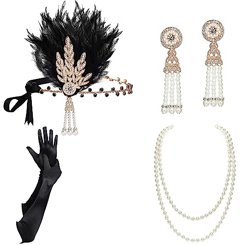 BABEYOND 1920s Accessoires Set Damen Gatsby Kostüm Zubehör Set inklusive Stirnband Halskette Handschuhe Ohrringe Set-17 von BABEYOND