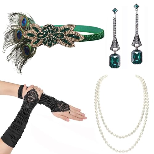 BABEYOND 1920s Accessoires Set Damen Gatsby Kostüm Zubehör Set inklusive Stirnband Halskette Handschuhe Ohrringe Set-34 von BABEYOND