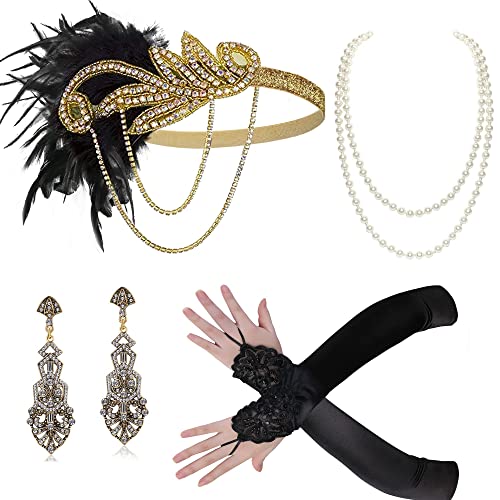 BABEYOND 1920s Accessoires Set Damen Gatsby Kostüm Zubehör Set inklusive Stirnband Halskette Handschuhe Ohrringe Zigarettenhalter (Set-23) von BABEYOND