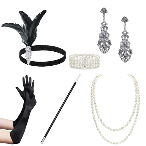 BABEYOND 1920s Accessoires Set Damen Gatsby Kostüm Zubehör Set inklusive Stirnband Halskette Handschuhe Ohrringe von BABEYOND