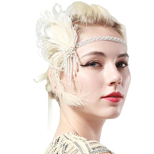 BABEYOND 1920s Stirnband Damen Gatsby Kostüm Accessoires 21er Jahre Flapper Feder Haarband Weiß von BABEYOND