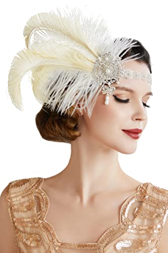 BABEYOND 1920s Stirnband Feder mit Strass und Perlen Damen 20er Jahre Stil Flapper Charleston Haarband Great Gatsby Damen Fasching Kostüm Accessoires von BABEYOND
