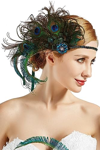 BABEYOND Damen 1920s Stirnband Pfau Feder 20er Jahre Stil Flapper Haarband Inspiriert von Great Gatsby Damen Kostüm Accessoires Pfau von BABEYOND