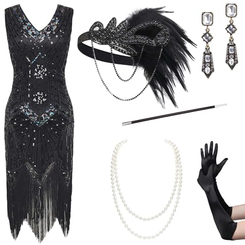 BABEYOND Damen Flapper Kleider Set 1920er Jahre V Ausschnitt Great Gatsby Kleid mit Accessoires Set, Set2 - Glamblack, Medium BABEYOND Damen Flapper Kleider Set 1920er Jahre V Ausschnitt Great Gatsby Kleid mit Accessoires Set, Set2 - Glamblack, Medium von BABEYOND
