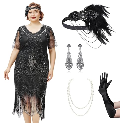 BABEYOND Great Gatsby Kleider für Damen, Übergröße, Cocktailkleid, 1920er-Jahre, Flapper-Kostüm für Damen, Set - Schwarz, 4XL Große Größen BABEYOND Great Gatsby Kleider für Damen, Übergröße, Cocktailkleid, 1920er-Jahre, Flapper-Kostüm für Damen, Set - Schwarz, 4XL Große Größen von BABEYOND