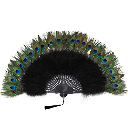 BABEYOND Pfau Feder Fächer Schwarz Marabou Feder Fächer 1920s Vintage Stil Retro Handfächer Damen Gatsby Kostüm Flapper Zubehör (Schwarzer Griff - Schwarz) von BABEYOND