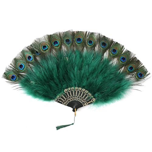 BABEYOND Pfau Feder Fächer Schwarz Marabou Feder Fächer 1920s Vintage Stil Retro Handfächer Damen Gatsby Kostüm Flapper Zubehör GoldrippeDunkelgrün von BABEYOND