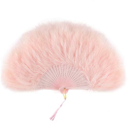 Coucoland Pink Feder Fächer mit Pink Griff Damen 1920s Accessoires Feder Handfächer für Gatsby Cocktail Hochzeit Party Halloween Fasching Karneval Kostüm Zubehör Rosa von Coucoland