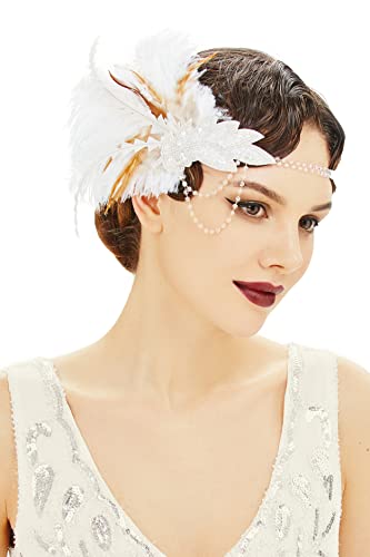 BABEYOND Stirnband Damen Pfau Feder Haarspange Gatsby Fasching Kostüm Haar Accessoires Weiß von BABEYOND