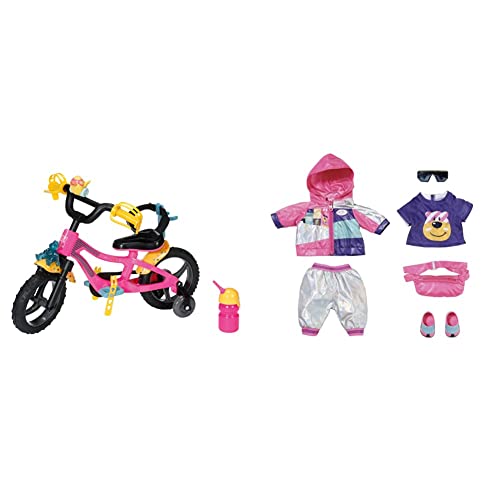 BABY Born Zapf Creation 830024 Fahrrad- pinkes Puppenfahrrad für 43 cm Puppen mit gelben Schutzblechen & 830031 Deluxe Fahrrad Set für 43cm Puppen mit rosa Jacke, lila Shirt von BABY Born