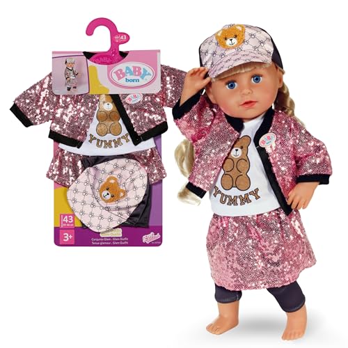BABY born Glam Outfit - Mit pinkem Pailletten-Rock & Jacke, Shirt mit Teddydruck, Cap & Leggins - Hochwertiges Puppenzubehör - Kleidung geeignet für Puppen der Größe 43 cm von BABY Born