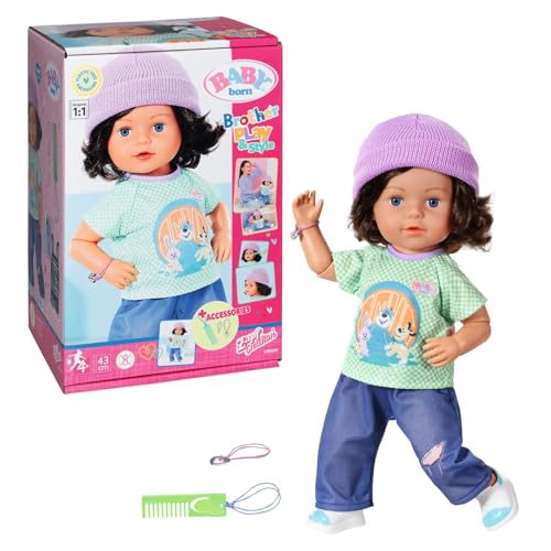 BABY born Brother Play & Style 43cm, Jungenpuppe mit Haaren und 7 lebensechten Funktionen ohne Batterien, inkl. Outfit und Zubehör, beweglicher Kopf, Arme, Beine und Hüfte, 835418, Zapf Creation von BABY Born