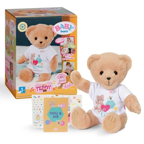 BABY born Singender Teddy - Plüschbär mit Soundfunktion & weißem Strampler - Bewegliche Arme & Beine - Geeignet für Kinder ab 18 Monaten - singt 5 deutsche Lieder aus der Serie von BABY Born