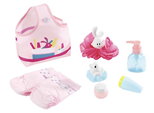 Zapf Creation 823606 BABY born Wash & Go Badeset bestehend aus Seifenspender, Cremetube, Puderdose, Schwamm, Windeln, Badeente und Tragetasche, Puppenzubehör, 8-teilig von BABY Born