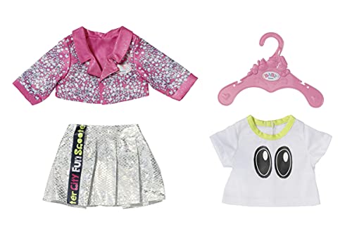 Zapf Creation 830222 BABY born City Outfit 43cm -Puppenkleidung Set bestehend aus rosa Lederjacke, Shirt und Glitzerrock in silber von BABY Born