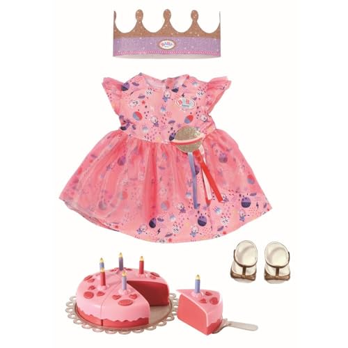 Zapf Creation 830789 BABY born Deluxe Happy Birthday Set 43 cm - Geburtstags-Set für Puppen mit rosa Puppenkleid und Schuhen, inklusive Krone und Torte mit 6 Kuchenstücken von BABY Born