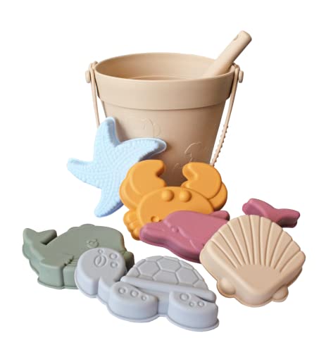 BABYLEDO Sandspielzeug Set aus Silikon, 8 Teile, Strandspielzeug, Sandkastenspielzeug, Eimer, Schaufel und Förmchen, für Jungen und Mädchen [Eimer und Schaufel Beige] von BABYLEDO