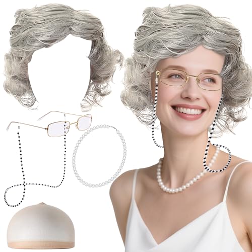 BACH AND BOOZY Oma Kostüm Alte Frau Old Lady Kostüm Großmutter Cosplay Zubehör Set Oma Perücke Perücke Kappe Oma Brille mit Kette, Perlenkette Ohrringe Armband für Fasching Karneval Mottoparty BACH AND BOOZY Oma Kostüm Alte Frau Old Lady Kostüm Großmutter Cosplay Zubehör Set Oma Perücke Perücke Kappe Oma Brille mit Kette, Perlenkette Ohrringe Armband für Fasching Karneval Mottoparty von BACH AND BOOZY