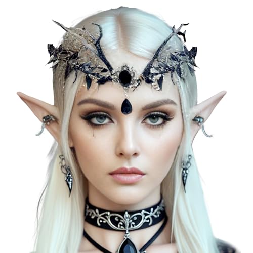 BACH AND BOOZY Schwarzer Renaissance Kostüme für Erwachsene Elfen Krone Elfen Ohrringe für Damen Ohren Elfen Ohrclips Damen Fee Kostüm Party Cosplay Kostüm Fotografie Kostümpartys von BACH AND BOOZY