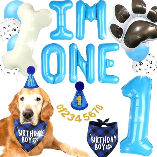 Partyzubehör für den ersten Geburtstag von Hunden, Welpen, Banner, Luftballons, Hut mit Zahlen, Bandana, Woof-Ballons für Haustier-Dekorationen Partyzubehör für den ersten Geburtstag von Hunden, Welpen, Banner, Luftballons, Hut mit Zahlen, Bandana, Woof-Ballons für Haustier-Dekorationen von BACH AND BOOZY