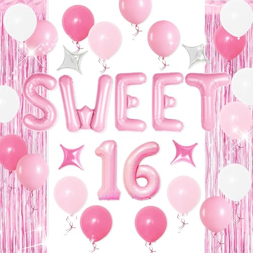 Pink Sweet 16 Party-Luftballons zum 16. Geburtstag, Party-Dekorationen, Geburtstagsbanner für 16-jährige Frauen, Geburtstagsparty-Zubehör von BACH AND BOOZY