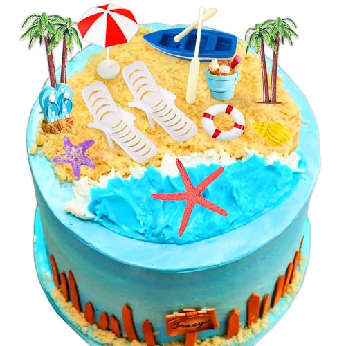 Strandtorte Dekorationen Stuhl Regenschirm Palme Sommer Ozean Kuchen Toppers Hawaiian Aloha Luau Dekorationen für Geburtstag Pool Party Dekorationen Zubehör von BACH AND BOOZY