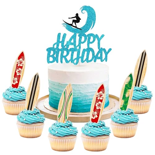 21 Stück Surfen Geburtstagstorte Dekoration Surfen Geburtstag Dekoration Strand Surf Welle Kuchen Topper Surfbrett Schwimmen Kuchen Surf Geburtstag Party Supplies von BACH AND BOOZY
