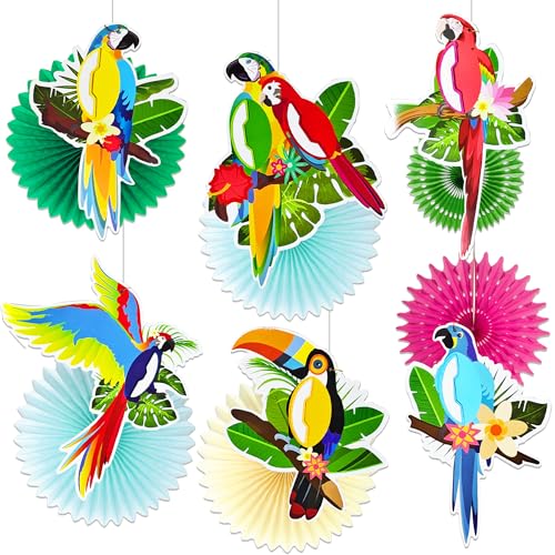 Tropische Vögel, Wabenpapierausschnitte, Papageien, Waben, Palmblätter, Banner, Hawaii, Strand, Luau, Party, hängende Dekorationen, Tiki-Barzubehör von BACH AND BOOZY