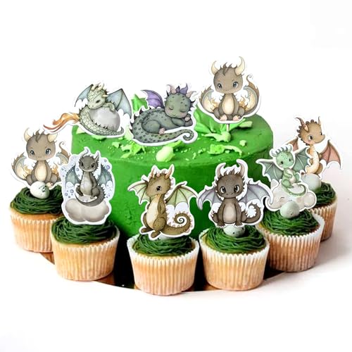 24 PCS Drachen Party Cupcake Toppers Drachen Geburtstag Party Dekoration Drache Thema Cupcake Topper Versorgung Fantasy Dragon Tortendekorationen für Flying Dragon Babyshower Supplies von BACH AND BOUJEE