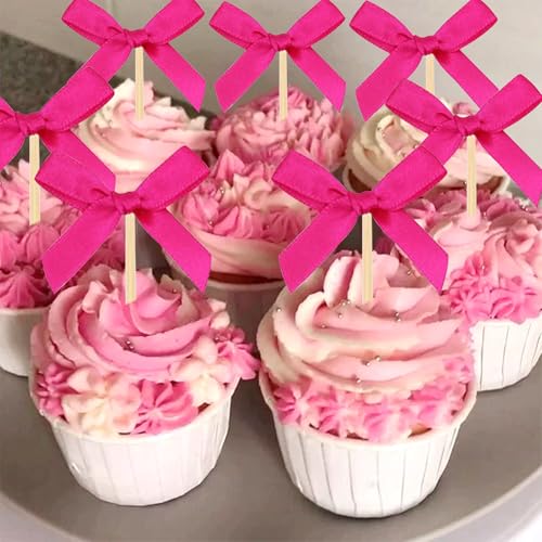 24 Pcs Heiße Rosa Schleife Cupcake Toppers Rosa Schleife Geburtstagstorte Dekorationen Für Bow Bridal Shower Bachelorette Babyshower von BACH AND BOUJEE
