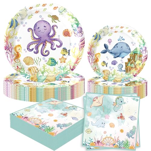 52 Stück Ozean Party Geschirr Set Meerestiermotiv Servietten Becher Unterwasser Partyteller Geburtstagsdekoration Partygeschenke Ozean Meerjungfrau Party Supplies von BACH AND BOUJEE