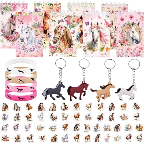 BACH AND BOUJEE 66 Stück Pferde-Partytütenfüller für Jungen und Mädchen, Mini-Notizbuch-Aufkleber, Armbänder, Pferde-Figuren, Schlüsselanhänger, Western-Cowboy, Partygeschenke, Spiele von BACH AND BOUJEE