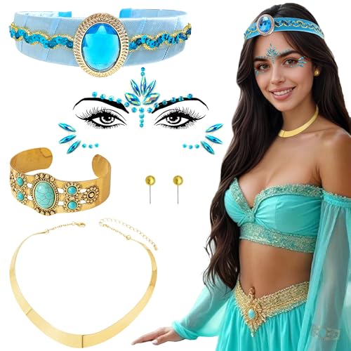 BACH AND BOUJEE Arabische Prinzessin Kostüm Zubehör Set Mit Stirnband Choker Chunky Halskette Ohrringe für Frauen Mädchen Halloween Cosplay BACH AND BOUJEE Arabische Prinzessin Kostüm Zubehör Set Mit Stirnband Choker Chunky Halskette Ohrringe für Frauen Mädchen Halloween Cosplay von BACH AND BOUJEE