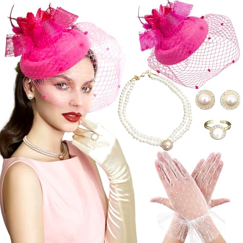 BACH AND BOUJEE Hot Pink Tea Party Hut Handschuhe Frauen Fascinators Hüte Handschuhe Perlenkette Ohrringe Choker für Hochzeit Brautdusche Geburtstag Tea Party BACH AND BOUJEE Hot Pink Tea Party Hut Handschuhe Frauen Fascinators Hüte Handschuhe Perlenkette Ohrringe Choker für Hochzeit Brautdusche Geburtstag Tea Party von BACH AND BOUJEE