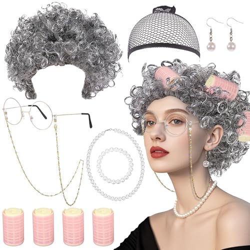 BACH AND BOUJEE Old Lady Kostüm Großmutter Cosplay Zubehör Kostümzubehör Omadeko Oma Perücke Perücke Kappe Oma Brille Brillen Ketten Perlenkette für Karneval von BACH AND BOUJEE