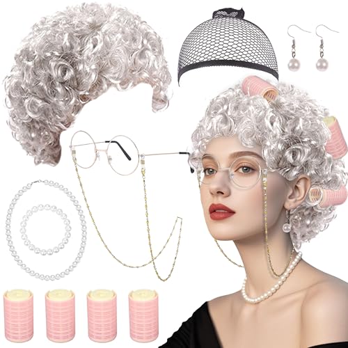BACH AND BOUJEE Old Lady Kostüm Großmutter Cosplay Zubehör Omadeko Kostümzubehör Oma Perücke Perücke Kappe Oma Brille Brillen Ketten Perlenkette für Karneval von BACH AND BOUJEE