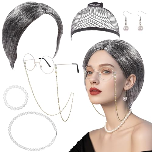 BACH AND BOUJEE Oma Kostüm Alte Frau, Old Lady Kostüm Großmutter Cosplay Zubehör Set Oma Perücke, Oma Brille mit Kette, Perücke Kappe, Perlenkette Ohrringe Armband für Fasching Karneval Mottoparty BACH AND BOUJEE Oma Kostüm Alte Frau, Old Lady Kostüm Großmutter Cosplay Zubehör Set Oma Perücke, Oma Brille mit Kette, Perücke Kappe, Perlenkette Ohrringe Armband für Fasching Karneval Mottoparty von BACH AND BOUJEE